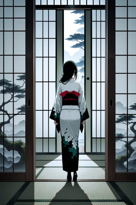  Edo Period Haunted House, Decaying tatami mat , torn sliding door, Bloodstained Folding Screen , Ghost Woman（Pure white kimono、 long dark hair、 faceless）,  pale moonlight ,  Foggy Garden ,  ink painting style,  eerie silence ,  floating belt ,  dark green...