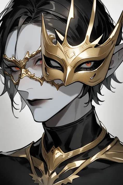 An anime like character with a design - Slim face with distinguished cheekbones, look kinda scary. A gold plat mask similar to a masquerade mask. 
Pale, greyish, almost sickly looking skin but with brown lips. Long black hair with a single red bit. Sharper...