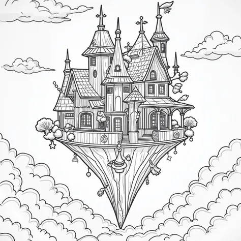  illustrations、A fantastic house standing above the clouds、 coloring pages、 high quality