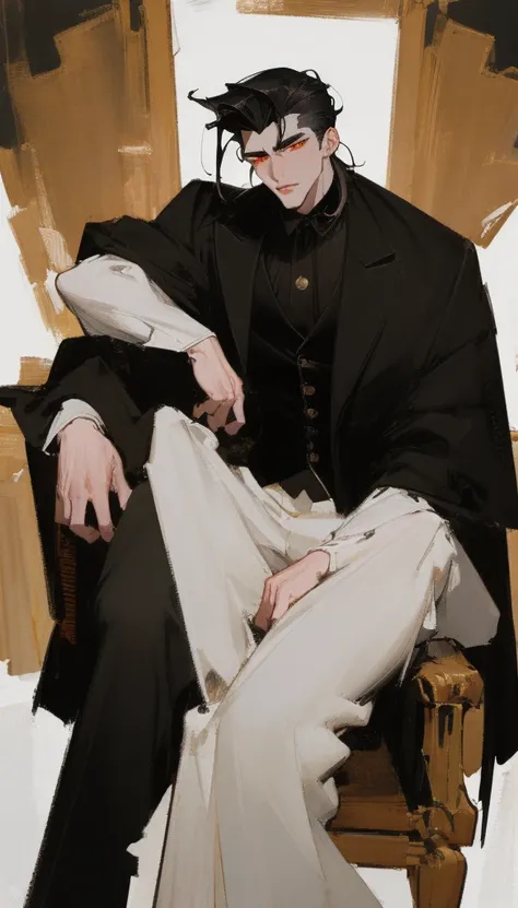 Ultra detailed, highres, absurdres, HDR, master piece, black hair slicked back, white eyelashes, expressive red eyes, wearing vest under black frock coat, sexy man sitting, full length pants handsome, best quality, fantasy, magical, lewd, horny, sensual, m...