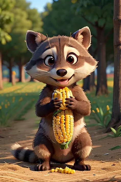  raccoon ,Eating corn in a cornfield,Full stomach