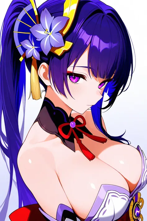 Shogun Raiden purple hair purple eyes wears violet flower on her head bunny costume 