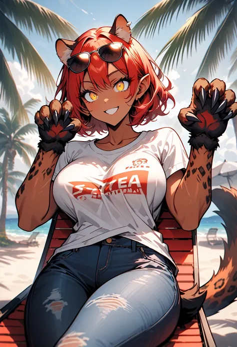  alone,  Woman, very high, close up,  tanned skin , adjust, large  Woman,  big breasts,  short hair, jaguar  Woman,  golden eyes,  red hair,  white t-shirt, Jeans azul, sunny, beach,  jaguar hands , hairy arms,  constricted pupils , Black Claws,  smile, :0...