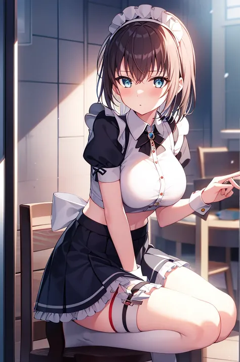  1 girl working part-time, ,  alone,  Lift your legs, Long_hair, A skirt,  black_hair, maid_hat, Watching_Take a step back, Watching_Shown in_ Peeping at the audience ,  through bangs ,  black_ Lift your legs, Blushing,  black_A skirt,  alone, Short_sleeve...