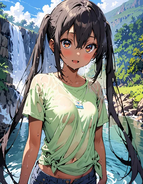  Azusa Nakano,   black hair,  brown eyes, Alone, long hair,smile,blush, open your mouth,  low twin tail, tan, brown skin,green t-shirt ,The hem of the t-shirt is tied, belly button out,river遊び, playing in the water, denim micro shorts ,Wet clothes, wet hai...