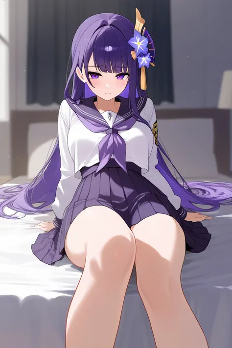 Shogun Raiden purple hair purple eyes wears violet flower on her head schoolgirl's costume