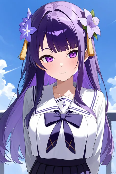 Shogun Raiden purple hair purple eyes wears violet flower on her head schoolgirl's costume