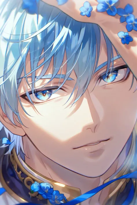 anime boy, handsome face, light blue hair, sky blue eyes, prince style, holding blue flowers, background scattered with blue flower ribbons, (eye details, face details, body details), make high resolution image), (make 4k and 8k image), (masterpiece)