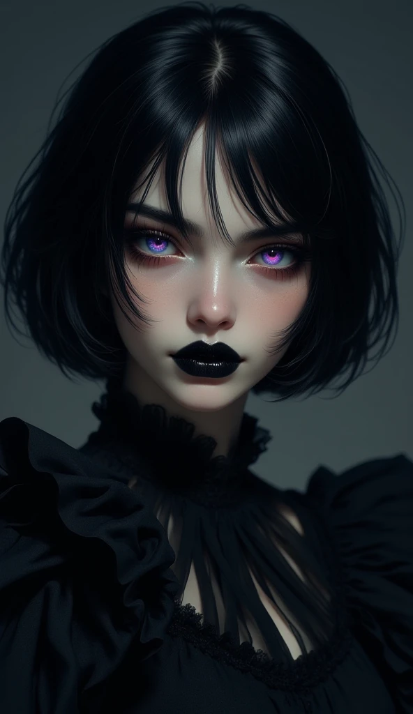 8k, masterpiece, best quality, highly detailed, hyper-realistic, A hyper-realistic portrait of a stunning supermodel, featuring a beautifully detailed face with captivating eyes and a serene expression, goth dress, frilled dress, large breasts, short hair,...