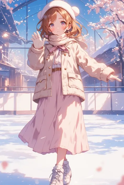 (A cute girl is standing and wearing skates)(indoor skating rink) (Facing the viewer, showing the whole body)  beautiful anime style portrait　 detailed portrait of a beautiful anime style girl  , amazing  beautiful anime style portrait ,  beautiful anime w...