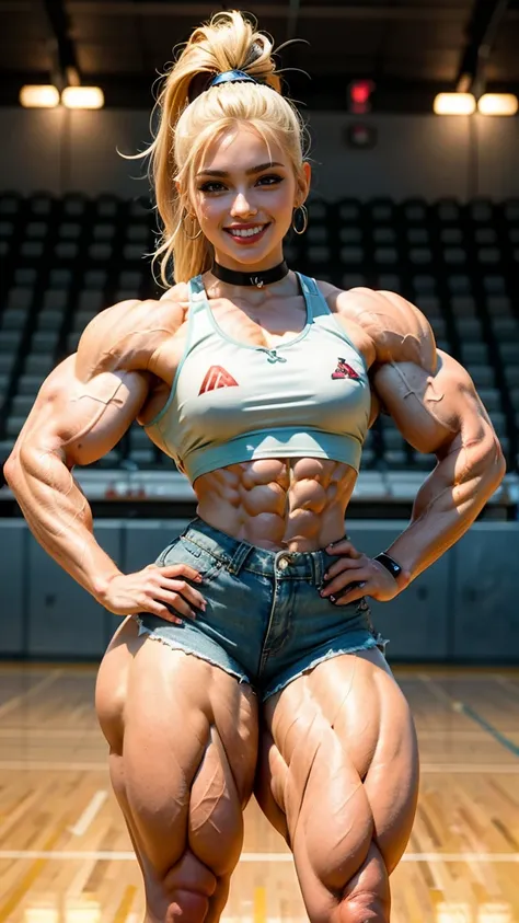 (Muscular:2.2), (thick thighs:2.3), 
(female cheerleader:1.2), (blunt bangs), (blonde hair:1.4), ponytail,
(eyeshadow, earrings, red lips, beauty mark:1.5),
detailed eyes, (big smile:1.8), detailed skin,
(Small perky breasts:2), (hard nipples:1.3),
(cheerl...