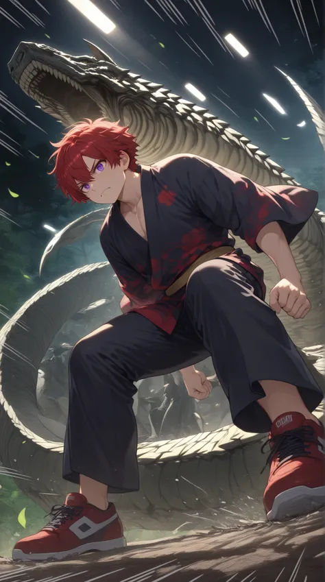 (Rulax: (solo, man), red hair, short hair, messy hair, frown, battle pose, purple eyes, red yukata, black shirt, oversized black pants, red sneakers, male focus, 1man),
(Rulax: 1.6) mid-punch connecting with serpent's jaw, muscles straining, red hair whipp...