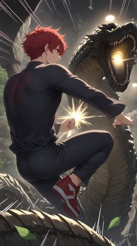 (Rulax: (solo, man), red hair, short hair, messy hair, frown, battle pose, purple eyes, red yukata, black shirt, oversized black pants, red sneakers, male focus, 1man),
(Rulax: 1.6) mid-punch connecting with serpent's jaw, muscles straining, red hair whipp...