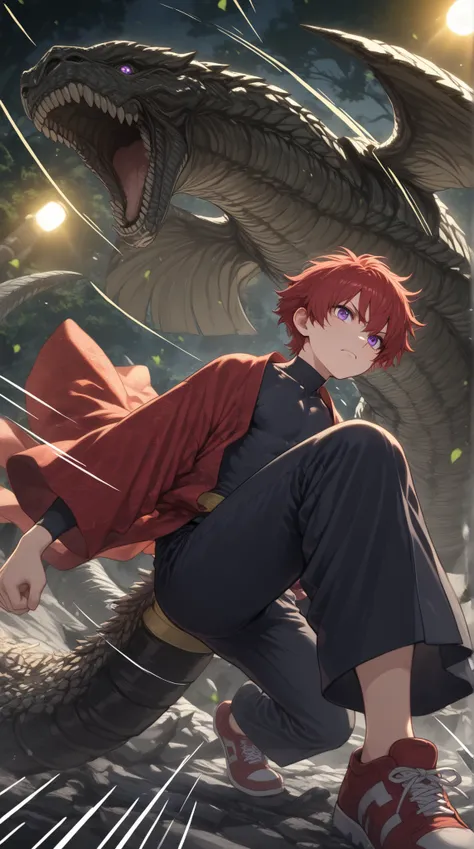 (Rulax: (solo, man), red hair, short hair, messy hair, frown, battle pose, purple eyes, red yukata, black shirt, oversized black pants, red sneakers, male focus, 1man),
(Rulax: 1.6) mid-punch connecting with serpent's jaw, muscles straining, red hair whipp...