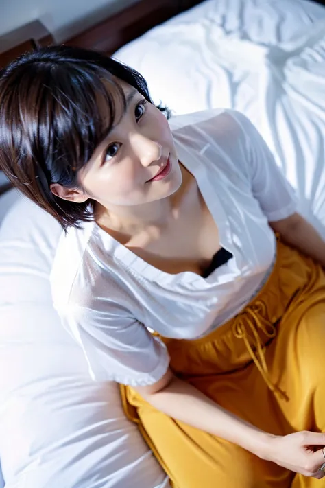 ( angle from above:1.2)、35-year-old Japanese woman with beautiful breasts and short black hair、whole body、 high image quality、 white shirt 、 in bed