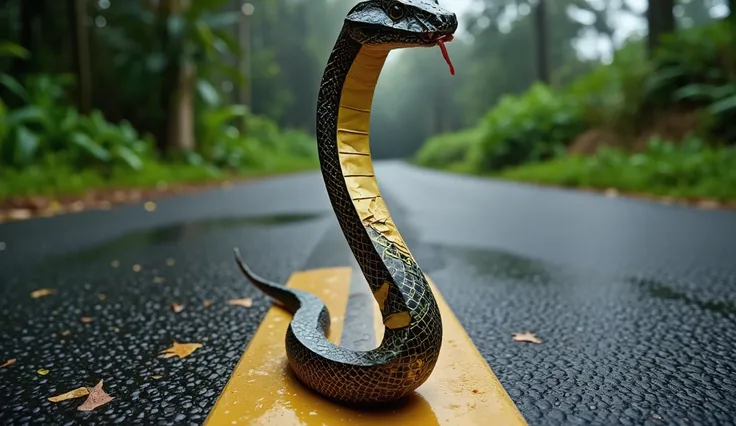 Hyper-realistic macro photography of a python Snake ascending a wet asphalt road, glistening obsidian skin reflecting diffused overcast light, individual raindrops clinging to its coiled muscles. Shallow depth of field with bokeh-blurred tropical rainfores...