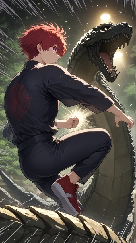 (Rulax: (solo, man), red hair, short hair, messy hair, frown, battle pose, purple eyes, red yukata, black shirt, oversized black pants, red sneakers, male focus, 1man),
(Rulax: 1.6) mid-punch connecting with serpent's jaw, muscles straining, red hair whipp...