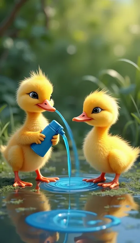   Make a realistic yellow duckling with a spray bottle in your hand, squirting blue paint onto another yellow duckling