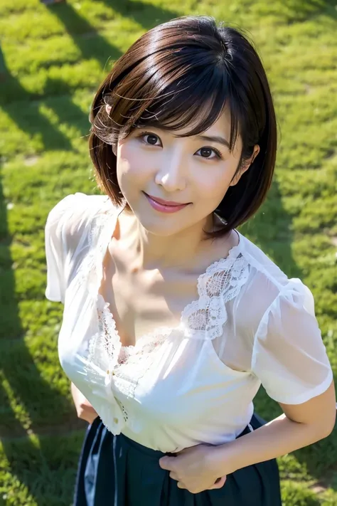 ( angle from directly below:1.2)、35-year-old Japanese woman with beautiful breasts and short black hair、whole body、 high image quality、 white shirt 、 in the park