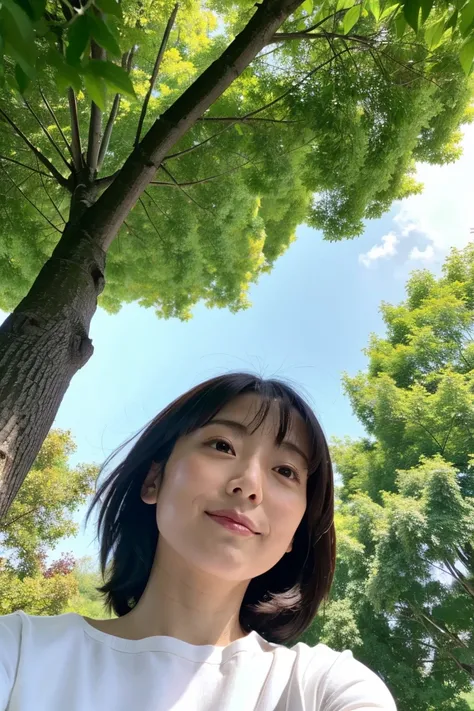 ( angle from directly below:1.2)、35-year-old Japanese woman with beautiful breasts and short black hair、whole body、 high image quality、 white shirt 、 in the park