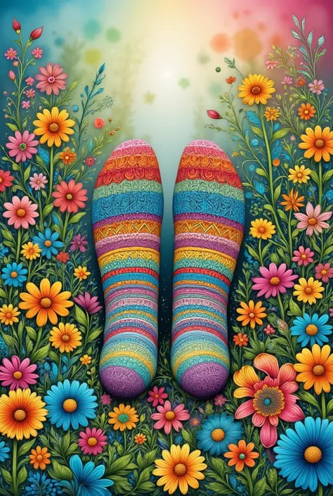 The image shows a pair of knitted socks positioned as if they are wearing shoes, with the toes peeking out from the top. The socks have colorful patterns and are adorned with yellow flowers that appear to be blooming from the toe area. Surrounding the sock...