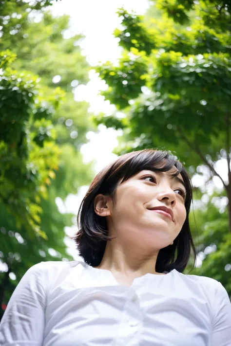 ( angle from below:1.2)、35-year-old Japanese woman with beautiful breasts and short black hair、whole body、 high image quality、 white shirt 、 in the park