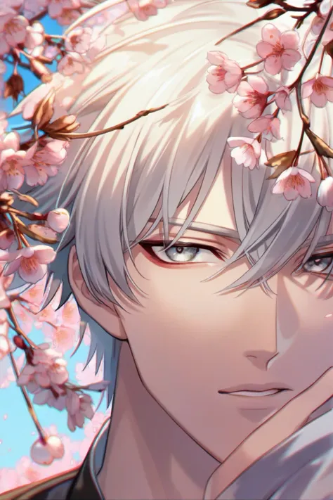 anime boy, handsome face, white hair, gray eyes, cool style, half body pose, cherry blossom background, (eye details, face details, body details), make high resolution image), (make 4k and 8k image), (masterpiece)