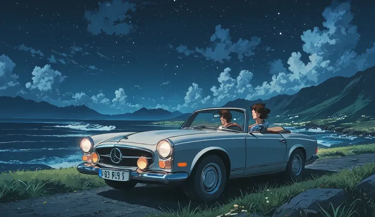 Ghibli anime style couple, a man with curly hair and a woman with short wavy black hair 、 riding a Mercedes to the coast on a full moon night. where is he driving ?. And in the form of a picture 楽しそうな couple 海岸に車を停めて海と夜空を眺める couple