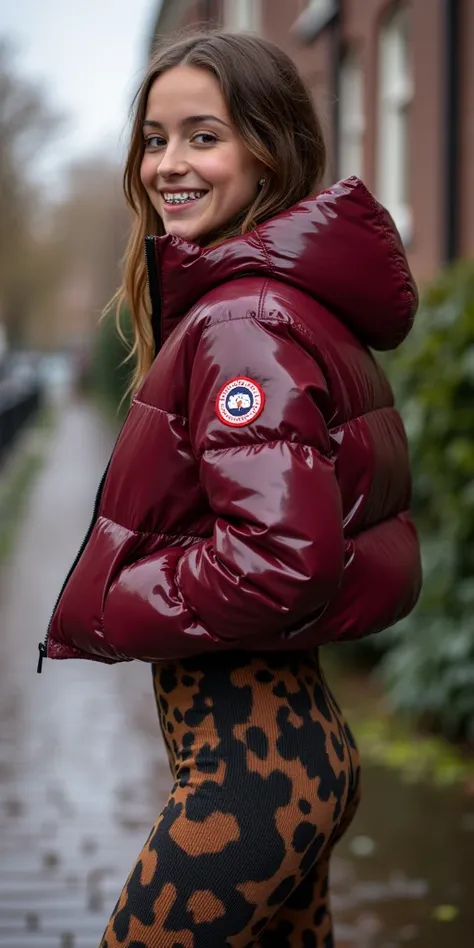 Backside diagonally photo from side behind of a sweaty hot wet cute beautiful darkblonde furtuned dutch spanish italia young posing age femboy wearing burgundy canada-goose shiny pvc puffy cropped short puffer jacket, very short shiny darkred Big luxurious...