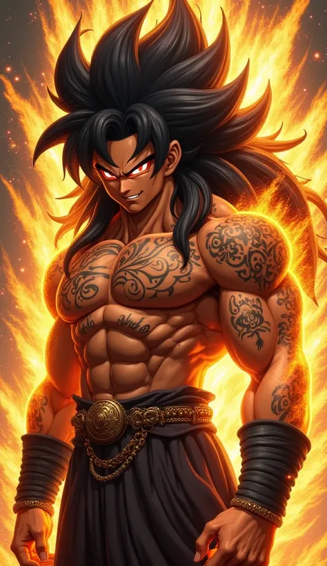 Create a hyper-realistic image of Akumo, the god of all Saiyans. Akumo has intense, fiery red eyes that glow with divine power. His long, flowing hair shifts colors from deep black to shimmering gold, symbolizing his transformation abilities and godly stat...