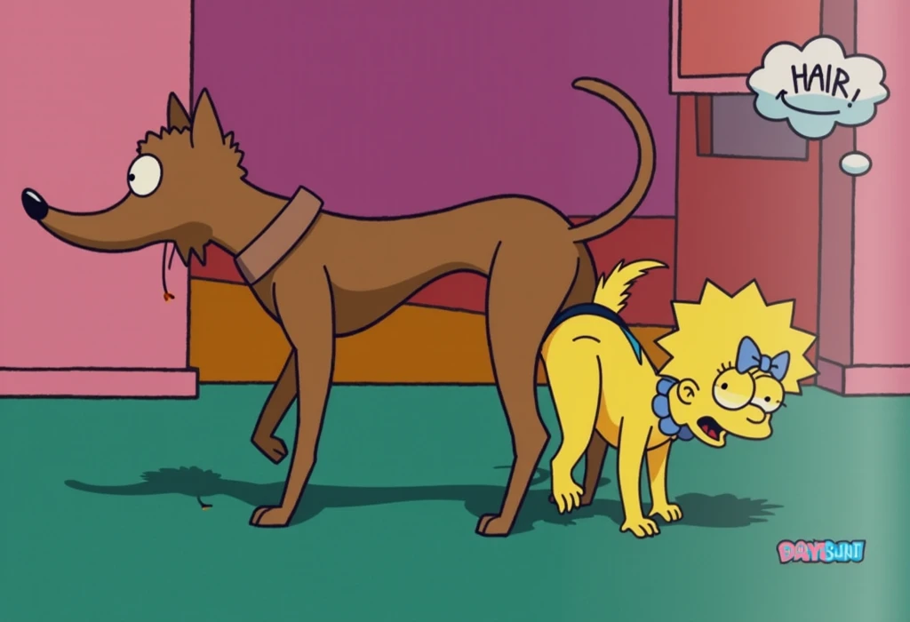 Maggie Simpson ridden by a dog, In comics