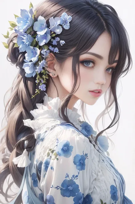 Beautiful girl with long hair and blue flowers in her hair, 