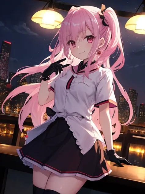  girl，Alone， long pink hair ， kind，smile， Medium Hair Long ， disheveled hair， short sleeve， short sleeve游戏服， black skirt， black gloves，  Popular Themes on ArtStation Pixiv ,  night ,   night  city background，Digital Punk,  anime style 4k,  裸の girl1人 ，屋内で，A...