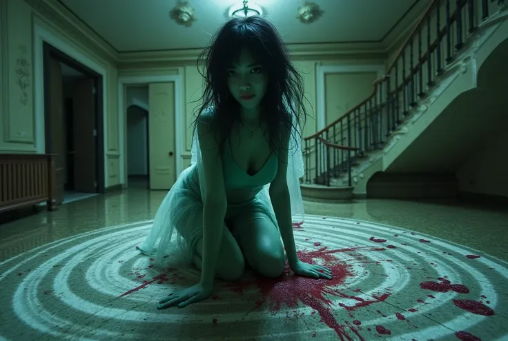 A cute woman (ghostly, semitranslucent green body, age 20, tattered sheer ball gown), she is drawing a bloody snail shell spiral on the granite floor of an immaculate 3 story mansion, her scary black hair makes weblike structures behind her and swirls in s...