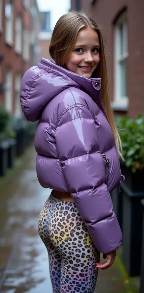 Backside diagonally photo from side behind of a sweaty hot wet cute beautiful darkblonde furtuned dutch spanish italia young posing age femboy wearing lilac purple canada-goose shiny pvc puffy cropped short puffer jacket, very short shiny plum Big luxuriou...