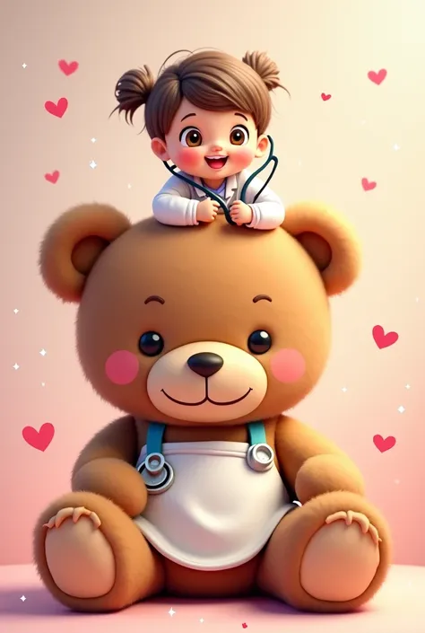 "A large, fluffy teddy bear with soft brown fur sits peacefully, its round black eyes shining with warmth. Perched on the teddy bear’s head is a cute  with big, expressive eyes and rosy cheeks. She wears a slightly oversized white doctor’s apron, making he...