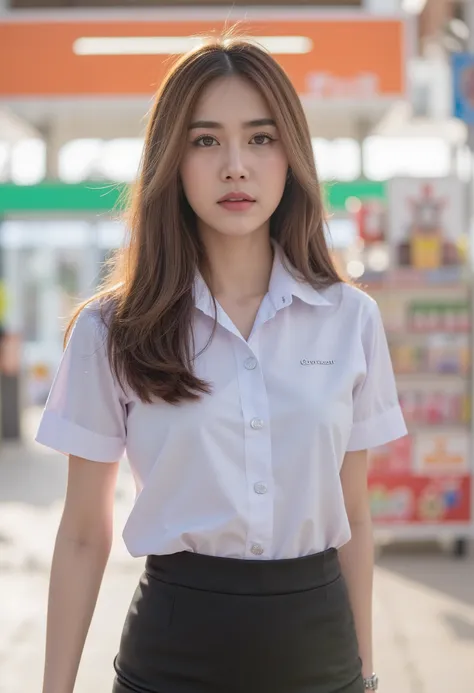 beautiful detailed actress, detailed white shirt, mini black a-line skirt, nisit uniform, walking in 7/11 minimart, DSLR camera, full body portrait, Fujifilm, shallow depth of field, (best quality,4k,8k,highres,masterpiece:1.2),ultra-detailed,(realistic,ph...