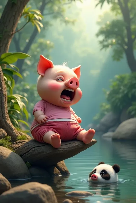 Semangat senin.. Jangan lupa bahagia ya teman's😍

Prompt: A silly picture showing a naughty and cute pig in detail sitting anxiously on a rotten log on a rocky river bank at the edge of a tropical forest. He was seen screaming in worry and anxiety, wearing...