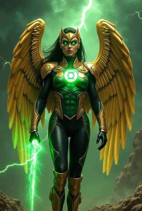 An ultra-realistic depiction of a fusion between Hawkgirl and Green Lantern. The character stands tall, blending the strength and grace of both heroes. The wings are massive and golden, shimmering with metallic feathers that have a sleek, modern look. The ...