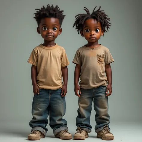 Two African American boys, ages 13 and 10, stand side by side, dressed in worn, low-quality clothes—faded t-shirts, oversized jeans, and scuffed sneakers. Despite their rough appearance, their faces still hold the essence of youth. The , slightly taller an...