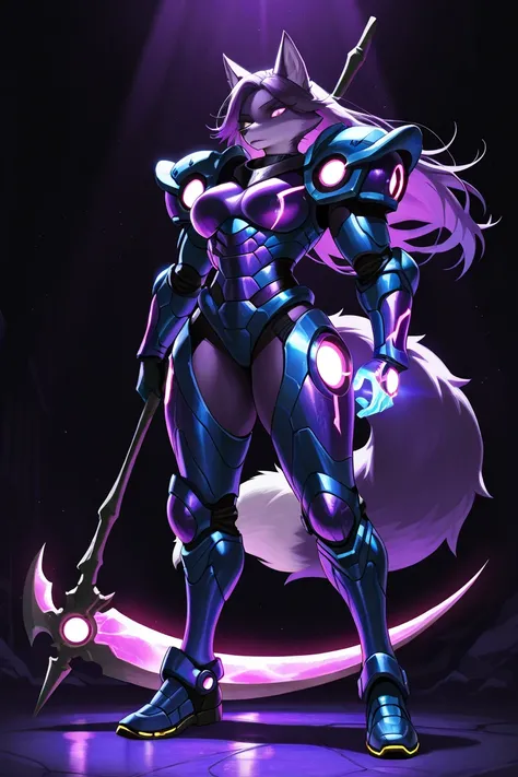 female gendered, 12 ft tall, extremely jacked and heavily full body armored(armor color is black all over the armor, with the shoulders being in the style of the paudrons from metroid prime) blue colored (furry) wolf-fox hybrid, long dark-blue and purple h...