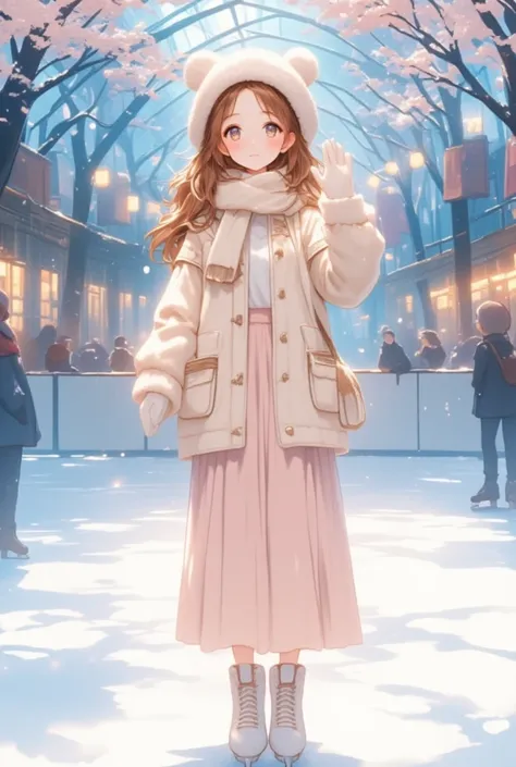 (A cute girl is standing and wearing skates)(indoor skating rink) (Facing the viewer, showing the whole body)  beautiful anime style portrait　 detailed portrait of a beautiful anime style girl  , amazing  beautiful anime style portrait ,  beautiful anime w...