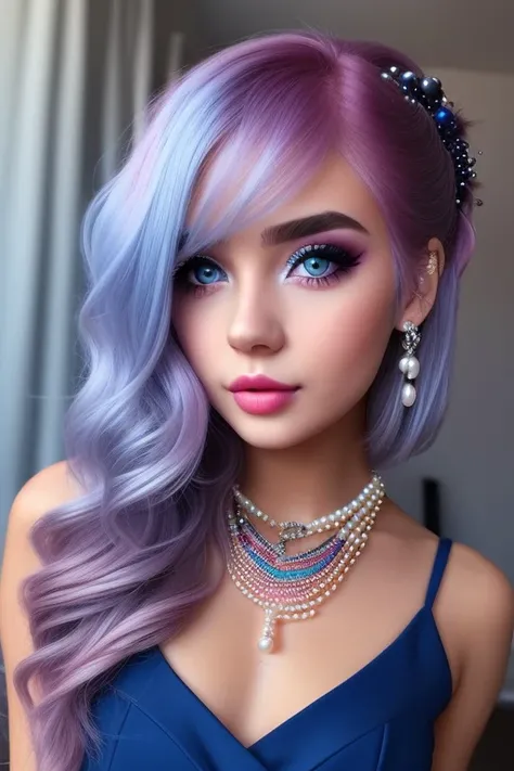 a 20 year old girl with shiny and sultry pink lips, light purplish pink hair, vibrant, and breathtaking human blue-grey eyes. Blue, pink, and purple eye shadow, makeup, blush, pearl bracelets, gems and jewelry, extravagant pearl necklaces, even with pearls...