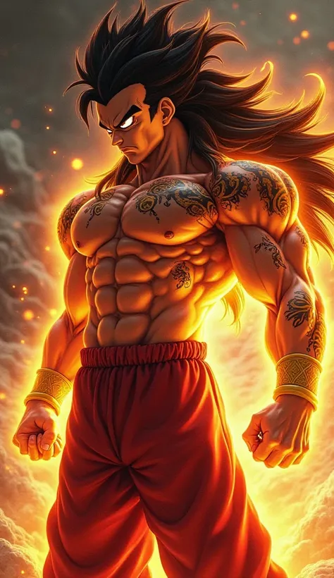 Create a hyper-realistic image of Akumo, the god of all Saiyans. Akumo has intense, fiery red eyes that glow with divine power. His long, flowing hair shifts colors from deep black to shimmering gold, symbolizing his transformation abilities and godly stat...