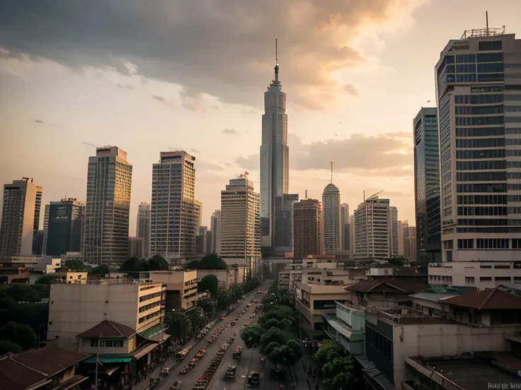 Wide shot of Jakarta at dawn, with towering skyscrapers and an ominous orange sky. The streets are quiet, and large digital screens flash the urgent news: "Indonesia is under invasion by the United States." Crowds of people in the streets stop in their tra...