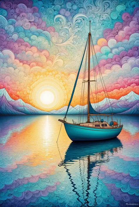 A serene impressionistic painting depicts a tranquil scene of a teal-colored sailboat anchored in calm water during sunset or sunrise, slightly off-center to the right. The boat's reflection creates a vibrant mirror image on the still surface, with colors ...