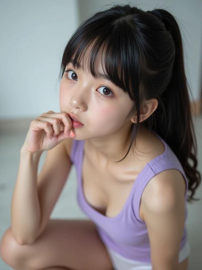  portrait photo , Masterpiece, nsfw,8k,focus on lip,side shot,shooting from below,( sensual kneeling pose on floor, immature body,  flat chest, Wide pelvis,  small ass,  toned thick legs,knee ),( 13yoJapanese girl , 148 Height cm , pale skin), black hair, ...