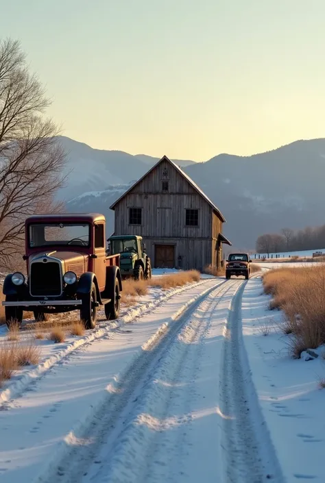 realistic photo of an old barn in the distance, winter day with snow on the ground, old farm equipment parked next to the barn, golden hour lighting, old pickup truck parked in the foreground, tire tracks leading to the barn, mountains in the background
