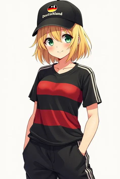  A blond girl, German,  with green eyes with a black cap that has a Deutschland print #1, with a loose black sports Pans and a black and red striped shirt.  anime version 