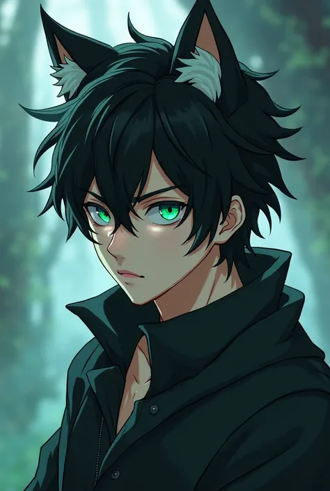 Male anime character with black hair with wolf ears with aqua green eyes 